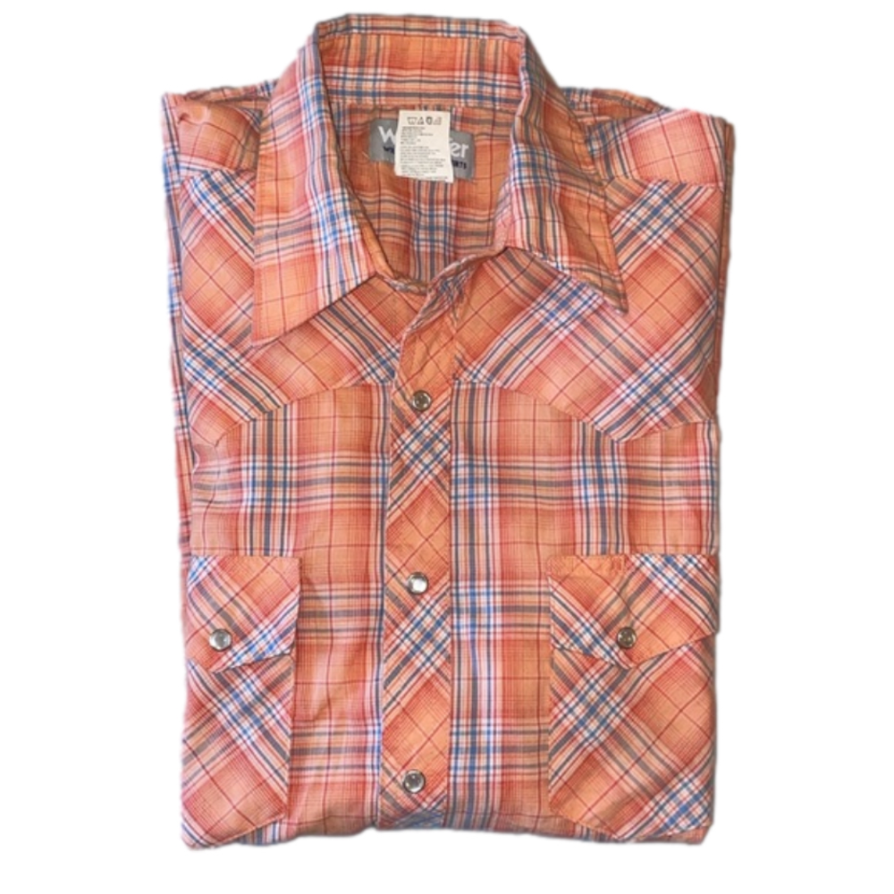 Wrangler Mens Large Orange Plaid Short Sleeve Western Shirt - Picture 2 of 5